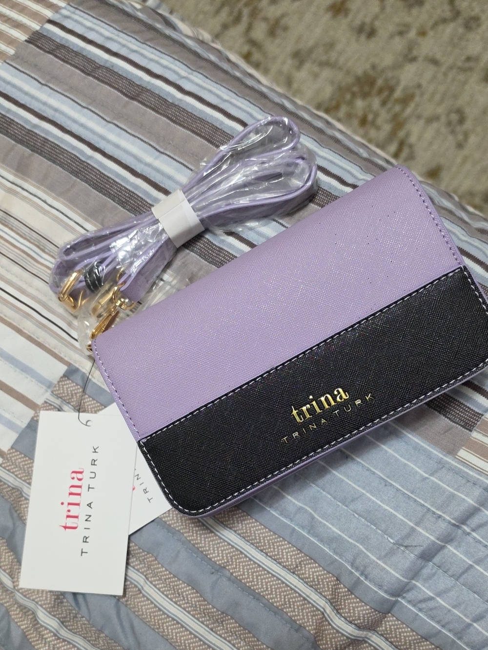 Trina Turk Lavender and Black Crossbody Wallet with Gold Logo